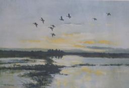 Peter Scott signed print mallards in a yellow sky, 38 x 56cm
