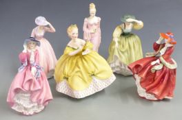 Six Royal Doulton figurines including Sweet April, two Top o' The Hill etc, tallest 22cm