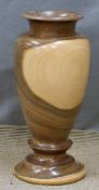 Large treen turned pedestal vase, possibly Laburnum, with 'Feathers Gallery, Broadway' sticker to