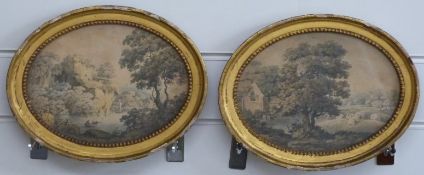 Pair of 19thC oval watercolour landscapes, one of people rowing on a lake with buildings beyond, the