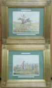 Two 19thC hand tinted 'Meltonian' hunting interest prints in gilt frames, overall size 58 x 68cm