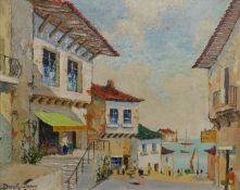 Cecil R D'Oyly John oil on board Mediterranean seaside street scene with figures, signed lower left,