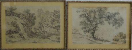 Pair of continental 18th/19th century landscape pencil sketches, one depicting a cart pulled by oxen