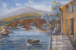 M Tompkins watercolour landscape with boat on river with cottage beside and hill beyond, signed