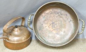 Copper twin handled pan, width 42cm and a copper kettle