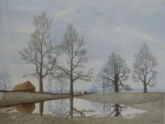 Tristram Hillier signed print 'Flooded Meadow', signed to lower right margin, 49 x 63cm