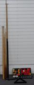 Two boxed sets of snooker/pool balls, cues to include Peradon and BCE and further accessories