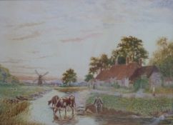 G.A.MacDonald 19th or early 20thC watercolour landscape cattle watering by cottages with windmill