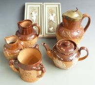 Royal Doulton and Doulton Lambeth stoneware jugs, tyg and teapot and a pair of continental relief