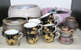 Clarice Cliff relief moulded pedestal bowl, Poole, Quimper, Studio pottery, Sunderland lustre plaque