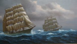 Oil on canvas of maritime scene depicting two sailing ships, indistinctly signed bottom right