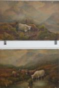 Henry John Livens (1848-1943) pair of 19thC oil on canvas landscapes of Highland cattle watering,