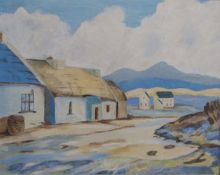 Cooper acrylic on board coastal cottages beneath mountains, signed and dated 1966 lower left, 47 x