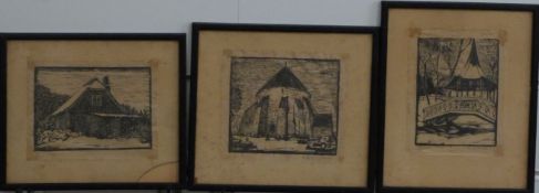 Axel Olson three lino cut studies of traditional Swedish buildings, each signed to border and