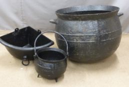 Cast iron cauldron, diameter 72cm, smaller cooking pot and a corner horse trough