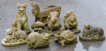 Nine garden statues formed as various animals, height of largest 37cm
