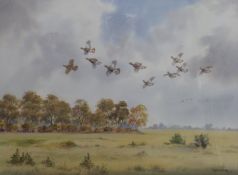 Robert W Milliken (1920-2014) watercolour landscape with partridge in flight, signed lower right, 52