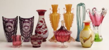 Pair of amethyst overlaid and cut glass vases. Victorian Cranberry glass, Studio glass etc,