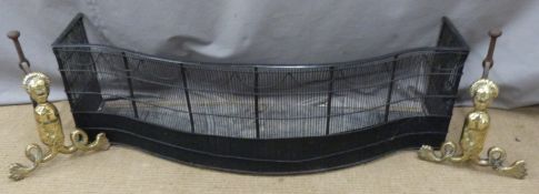 Georgian fire guard/ fender width 110cm and a pair of brass mermaid fire dogs, H28cm