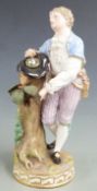 Meissen figure of a man with bird's eggs in his hat, leaning on a tree trump, H 19cm