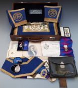 Masonic jewels / medals, aprons and ephemera in leather case, includes hallmarked silver and