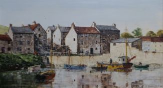 N Bradley-Carter acrylic on canvas possibly Cornish harbour scene, signed lower right, 49 x 90cm