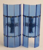 A pair of Art Deco style wall lights each with five blue glass panels and chrome fittings, 30cm