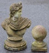 Classical style bust of a man, height 54cm together with a ball finial