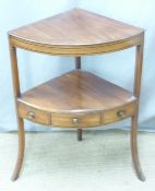 Mahogany corner shelf unit with single drawer, height 79cm