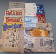 Quantity of ephemera including Beano magazines, replica newspapers of key historic events, postcards