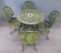 Cast metal garden table and four chairs, diameter 68, height 70cm