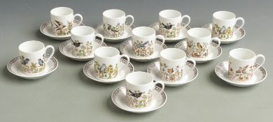 Hutschenreuther twelve coffee cans and saucers, decorated with birds