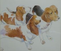 Andrew Quelch (b 1969) watercolour of four Beagle dogs, signed lower right, 30 x 34cm