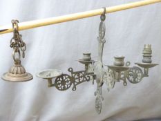 Late 19thC pierced brass Arts & Crafts four branch chandelier, width 43cm