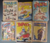 Approximately 59 vintage adventure comics / magazines including Plug, Popeye, Pink Panther, Tarzan