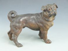 Pottery pug dog with glass eyes, H 25 , L 32cm