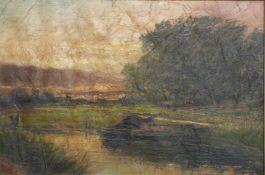 Victorian or early 20C oil on canvas canal scene with boat moored by a copse, 29 x 44cm, in ornate