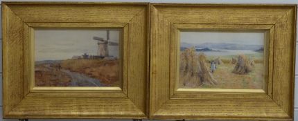 Pair of 19th/20thC watercolour landscapes, one a windmill with road to foreground the other stooks