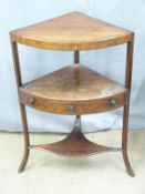 Mahogany corner shelf unit with single drawer, height 83cm