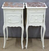 Pair of painted marble topped pot cupboards, W39 x D39 x H82cm