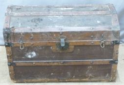 19thC metal and ash bound domed chest with leather handles, H62 x W83 x D51cm