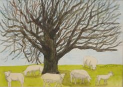 Diana Lodge watercolour 'Winter Tree with Sheep', signed lower right and titled verso, 21 x 29cm