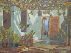 Cooper acrylic on board Mediterranean courtyard scene, signed and dated 1963 lower left, 42 x 57cm