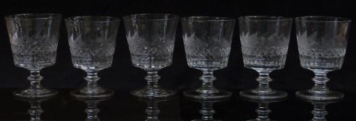A set of six 19thC glass rummers with cut decoration and knopped stems, 14.5cm tall.