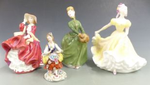 Three Royal Doulton figurines, Ninette, Grace and Top O' The Hill and a small continental figure,