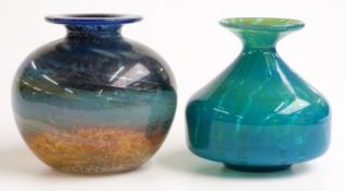 Two glass vases, one Mdina with blue and yellow swirling decoration signed to base (13cm tall) the