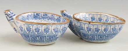 A pair of 19thC early transfer printed Staffordshire small sauce boats decorated with a Greek key