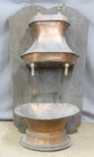 Continental copper basin and cistern mounted on oak panel, the cistern with engraved armorial and