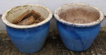 Two blue glazed plant pots, height 37cm