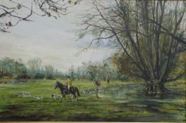 Gordon King (b1939) acrylic on canvas Berkeley Hunt with figures on horse back, signed lower